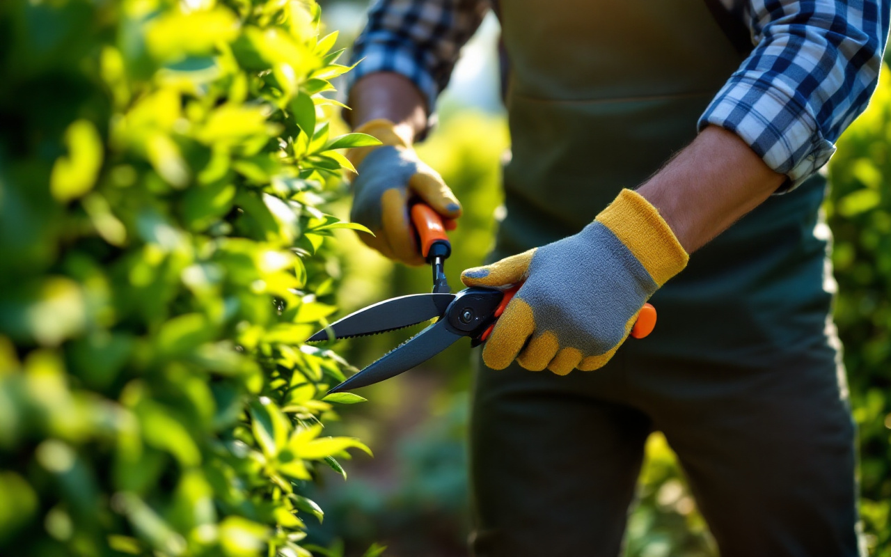 Un jardinier professionnel en train de tailler des haies, entouré de verdure luxuriante sous un soleil éclatant.