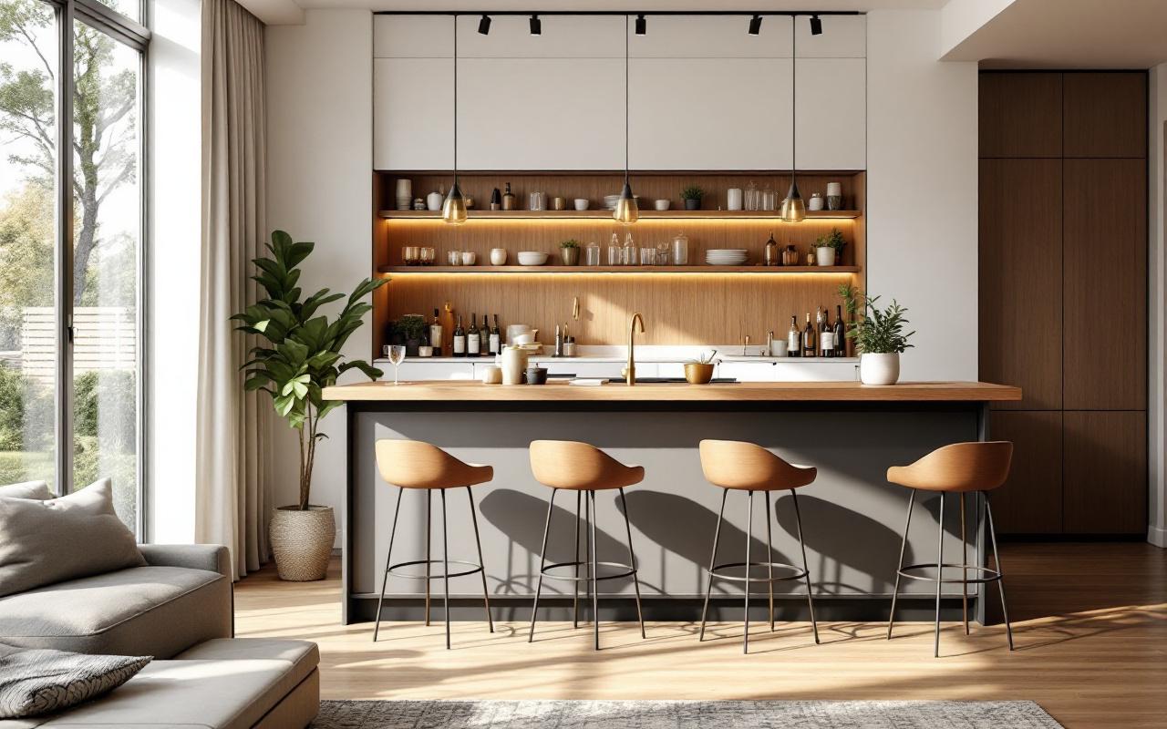 Bar indépendant en bois et métal séparant une cuisine ouverte et un salon, avec trois tabourets, étagères à verres, accents laiton, plante en pot, lumière naturelle volumétrique chaleureuse, tons bois, blanc et noir mat.