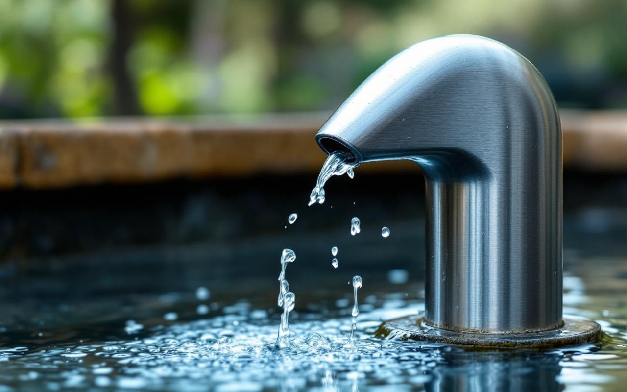 Gros plan d'une buse de fontaine en acier inoxydable laissant couler un jet d'eau net, avec des gouttelettes visibles et des reflets sur le métal, arrière-plan flou de pierres et de verdure baigné d'une lumière douce.