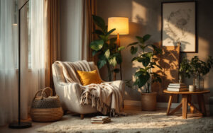 Un coin lecture chaleureux avec un fauteuil moelleux, une lampe sur pied éclairant doucement une couverture tricotée et une pile de livres, sol en bois et plante en pot, tons beiges et verts, lumière volumétrique chaude au coucher du soleil.