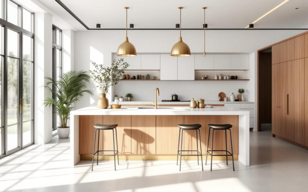 Îlot de cuisine contemporain avec bar intégré, plan de travail blanc mat, base en bois chaleureux, tabourets hauts, accents en laiton, cuisine ouverte baignée d'une lumière naturelle douce et volumétrique.