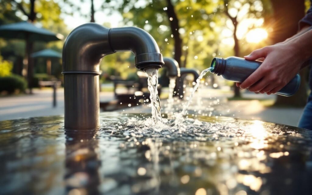 une-personne-boit-a-une-fontaine-publique-dans-un-parc-urbain-leau-formant-un-arc-avec-de-legeres-eclaboussures-des-bancs-et-des-arbres-en-arriere-plan-lumiere-douce-dapresmidi-aux-tons-bleus