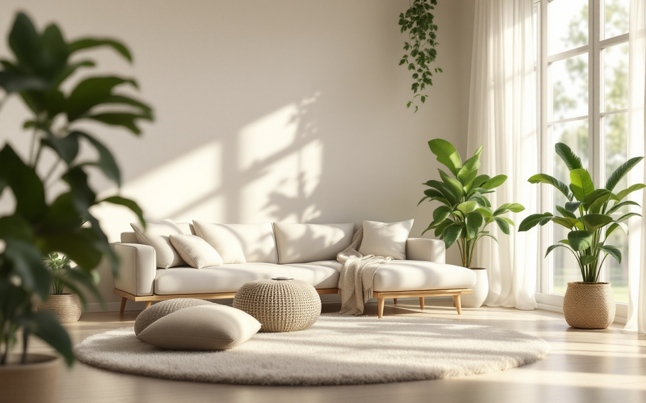 Salon lumineux baigné de lumière naturelle, grandes fenêtres, plantes vertes, tapis doux au sol, canapé moderne et ambiance chaleureuse et sereine.