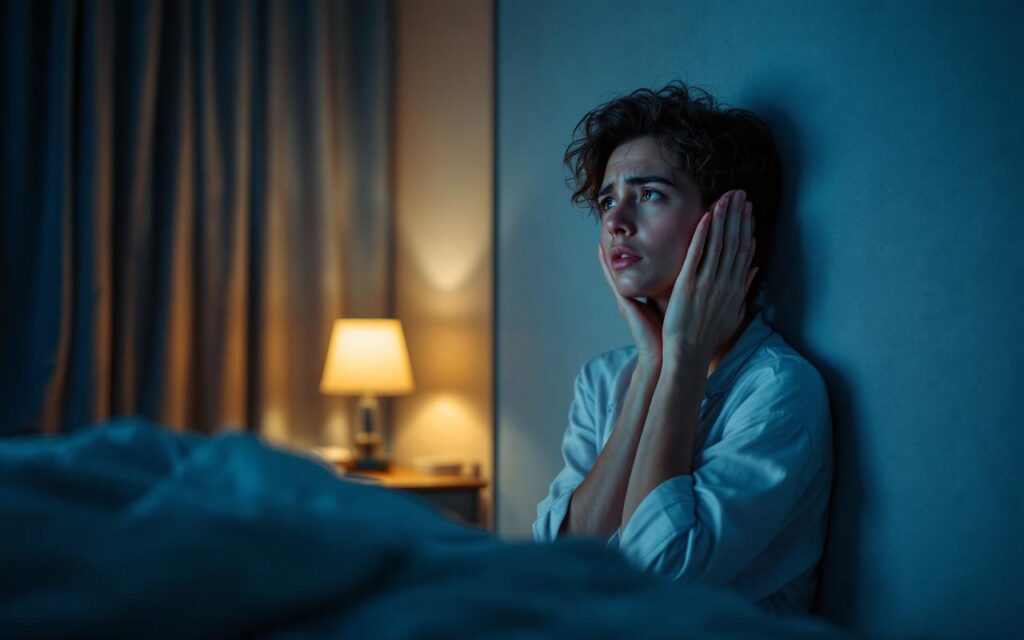 Personne en pyjama colle l'oreille contre le mur de sa chambre la nuit, visage inquiet, lampe de chevet diffuse une lumière ambrée tandis que la lumière lunaire bleutée filtre par les rideaux, ambiance sombre et tendue.