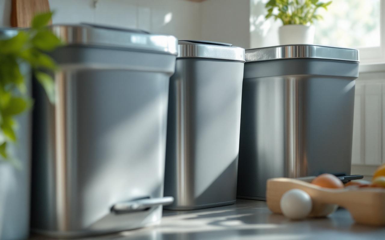 Comparaison de plusieurs poubelles de cuisine à pédale, avec compartiments de tri sélectif, dans un intérieur lumineux.