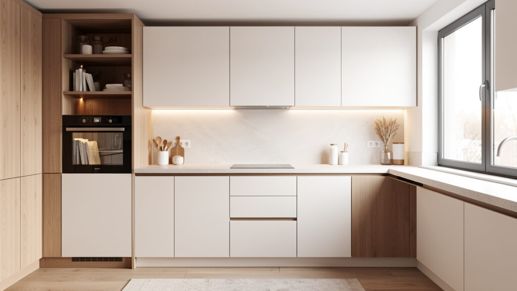 Cuisine moderne lumineuse avec rangements intégrés, plan de travail soigné et ambiance chaleureuse et élégante.