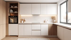 Cuisine moderne lumineuse avec rangements intégrés, plan de travail soigné et ambiance chaleureuse et élégante.