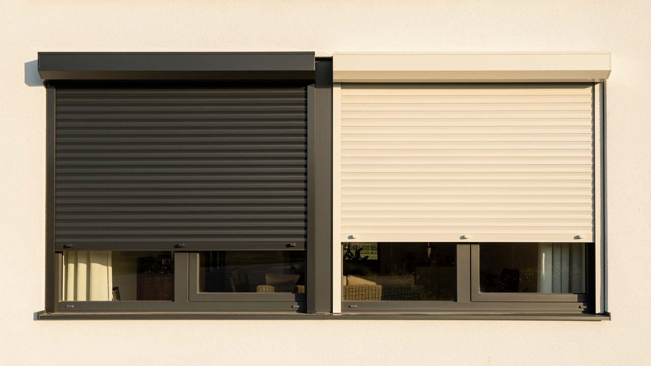 Comparaison visuelle de deux volets roulants anthracite, l’un en aluminium et l’autre en PVC, installés sur une grande baie vitrée d’une façade contemporaine claire exposée au soleil.