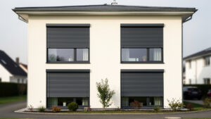 Façade de maison rénovée avec un enduit blanc cassé, des volets roulants gris anthracite et des fenêtres modernes, photographiée de jour.