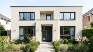 Façade contemporaine d’une maison rénovée avec enduit clair, menuiseries sombres et jardin soigneusement entretenu sous une lumière naturelle.