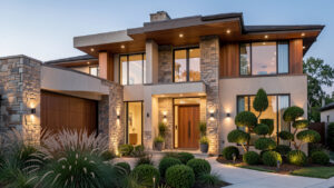 Façade d’une maison contemporaine rénovée avec une entrée paysagée, des matériaux naturels et un éclairage extérieur doux au crépuscule.
