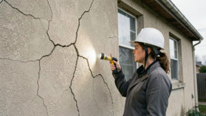 Une inspectrice du bâtiment examine des fissures en escalier sur la façade vieillissante d’une maison.