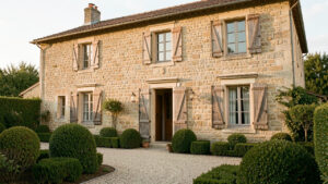 Ancienne maison familiale en pierre rénovée, avec façade préservée, volets en bois, jardin sobre et lumière douce de fin d’après-midi.